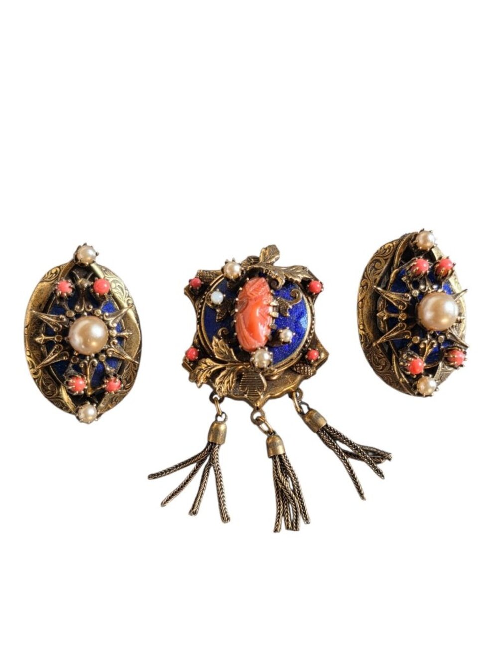 Vintage Victorian Revival Coral Lapis Pearl Floral Earrings and Pendant Set